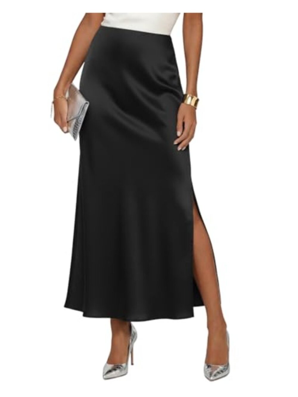 Women's Satin High Waisted Side Split Maxi Skirt Elastic Waistband A-Line Party